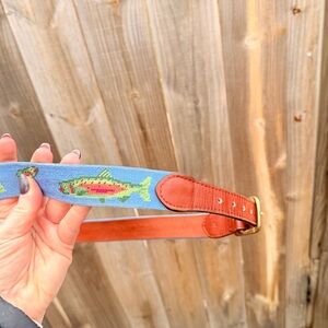 Smathers and Branson Trout and Fly Needlepoint Belt in Stream Blue Size 36